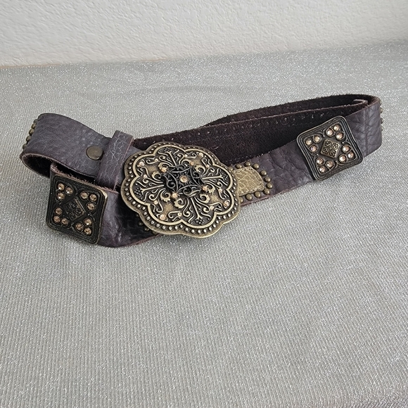 Western Brown Leather Belt with Ornate Buckle, Studs and Hides main image 8